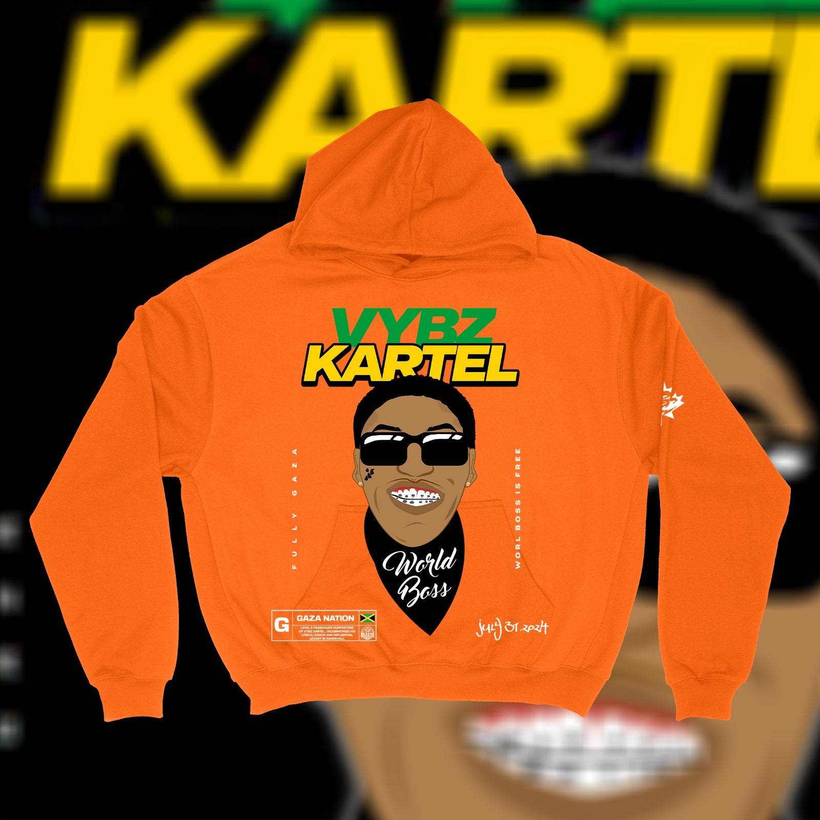 VYBZ KARTEL "KISS MI BABY" PREMIUM" HOODIE IN ORANGE image 0